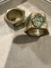 Vintage Hexagonal Napkin Rings Brass  & Iridescent Abalone, Divine Set Of 2 picture