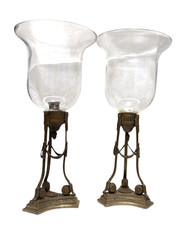 Pair Indian Brass & Glass Hurricane Candle Holders / Vase – 17” Vintage picture