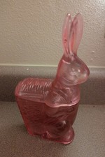 Vtg Glass Pink 2 Piece Standing Bunny Rabbit Candy Dish 9 1/2