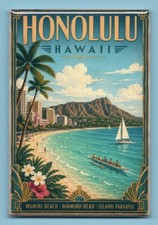 HONOLULU HAWAII TRAVEL POSTER *2X3 FRIDGE MAGNET* WAIKIKI BEACH SUNNY PARADISE picture