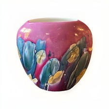 Vintage Rueven Art Nouveau Handpainted Glass Vase Floral Mauve Blue Yellow picture
