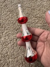 Vtg Triple Indent Bulb Finial Czech  Slovakia Blown Glass Ornament 7” Red White picture