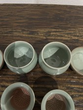 SET OF 2 KOREAN CELADON CRANE TEA CUPS INFUSER W/STRAINER AND LID picture