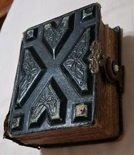 Antique 1880s Gothic Victorian Photo Album Windowpane Frames guilded edge brass  picture