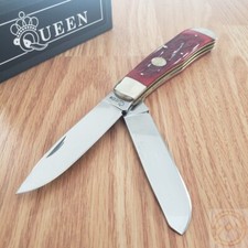 Queen Big Boy Trapper Pocket Knife 1065 Steel Blades Red Jigged Bone Handle 7555 picture