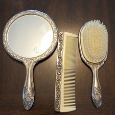 International Silver Vanity Set Mirror Brush Comb Silverplate Ornate Handles picture