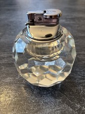 Vintage Heavy Clear Crystal Cut Glass Gas Table Lighter Chrome Top Butane Unique picture