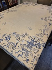 Beautiful Vintage ASIAN THEME  Blue & White Cotton Tablecloth 57