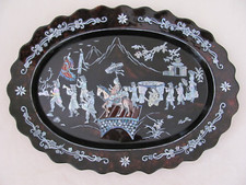 Lg Asian Oriental Inlay Mother of Pearl Abalone Wall Hanging Lacquered Art 26x19 picture