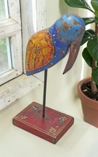 Vintage Wooden Bird Figurine on Stand Original Old Hand Carved Painted picture