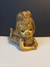 VTG MCM Kitschy Cherub Gold Japan Green Rhinestone Eyes picture