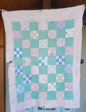 Vintage Handmade Nine Patch Quilt Pink Green Cutter Patchwork 36x51 Damaged picture