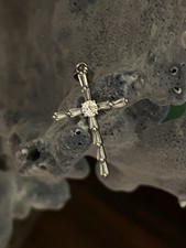 .925 Silver Christian Cross Pendant with Floral Design and Clear Stone Center picture