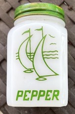 Vintage Green Sail Boats Milk Glass Pepper Shaker W Lid Made in USA Hazel Atlas picture