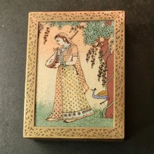 VTG Indian Box Crushed Gemstones Wood Brass Accents Reverse Painting Glass Woman picture