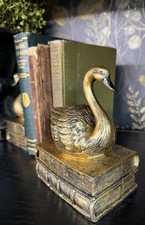 Lot 2 Antique-Gold Art Deco Swan On Vintage Books Bookends Swans Shelf Book Ends picture