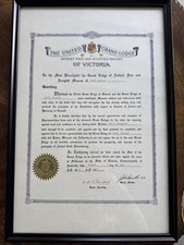1987 Masonic Grand Lodge Certificate Framed Victoria to North Carolina picture