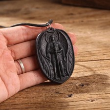 Personalized Saint Michael Oval Medallion Necklace – Handcrafted Ebony Wood Arch picture