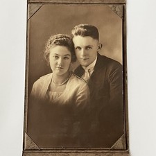 Antique Trifold Photograph Beautiful Young Woman Man Couple Sweethearts Baker OR picture