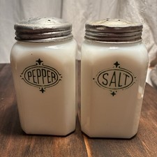 Vintage Hazel Atlas Milk Glass Green Shield Salt & Pepper Shakers picture