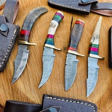 RL-05 Lot of 4 Damascus Steel Hunting/skinner knives Stag and Ram Horn Handle picture