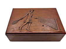 Large Vintage Carved Wooden Box - Tennis Theme - Female Player Relief Carving picture
