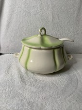 Vintage 1978 Ceramic Melon Pumpkin Soup Tureen Lid Green White Signed picture