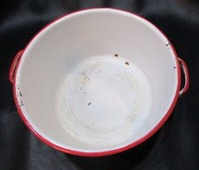 Primitive Old 20's 5x10 White w Red Trim Antique Enamelware Stock Pot Kettle Pan picture