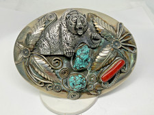 Jerry Roan Navajo Grizzly Bear Turquoise Coral Belt Buckle Mostly Nickel Silver picture