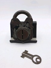 Old Heavy Iron Padlock With Key Works Rustic Weathered Patina picture