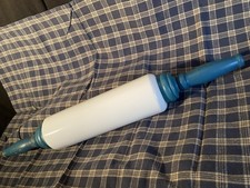Atq/ Imperial Milk Glass Rolling Pin w/ Orig. Blue Painted Wood Handles c. 1920s picture