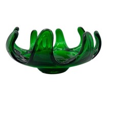 Vintage Emerald Green Glass Open Compote Crackle Design Footed 8 Petal MCM Bowl picture