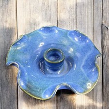 Vintage Hand Made Pottery Single Candle Stick Holder Votive Heavy Blue Glaze VTG picture