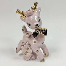 Vintage Pink Porcelain Rhinestone Black Bow Deer Reindeer MCM Christmas Kitschy picture