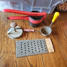 5 Vintage Red Wooden Handle Kitchen Gadgets Utensils Mid-Century Modern Rustic picture