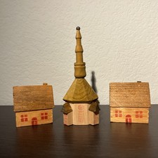 Vintage Wood Miniature Seiffen Village Erzgebirge Church & Houses Germany 3 PCS picture