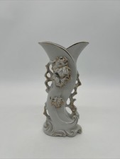 Vintage Porcelain 3D Bud Vase Gold Trim Leaf Pattern picture