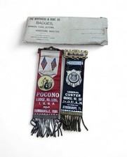 2 Antique Reversible IOOF Funeral Ribbon Badges Whitehead & Hoag W/ Envelopes picture