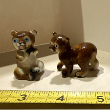 Vintage Ceramic Bear Figurine Lot Set of 2 Brown Cubs Blue Eyes Made in Japan picture