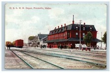 1911 O.S.L.R.R. Depot Pocatello ID Postcard Idaho Railroad Tracks Trains People picture