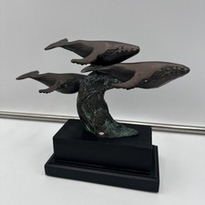 Vintage Sea Life Whales Bronze Sculpture 3 Swimming Whales on Wooden Base picture