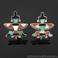 NATIVE AMERICAN ZUNI HANDMADE  SILVER MULTI-STONE INLAY KNIFEWING EARRINGS picture