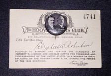 Original 1928 Hoover-Curtis 7/8” Campaign Pinback Button on Supporter Club Card picture