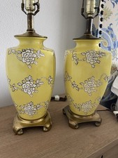 Pair 2 Vintage Yellow Floral Asian Chinoiserie Porcelain Brass Table Lamps picture