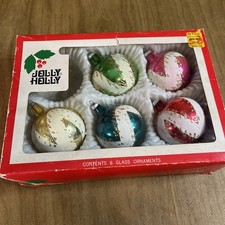 Box 5 Vtg Jolly Holly Hand painted Glass Ornaments Balls Glitter Colors Stripe picture
