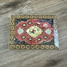 Vtg Persian Lacquered Wooden Inlaid Khatam Marquetry Hunting Scene Trinket Box picture