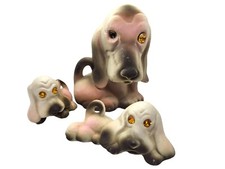 Vintage Roselane Basset Hound Dog Family Figurine Set Amber Rhinestone Eyes picture