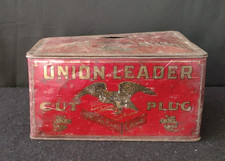 Antique Union Leader Cut Plug Tobacco Red Gold Tin Box  - No Handle or Latch VTG picture