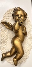 Vtg Gold Plaster Cherub Angel Horn Wall Hanging Mid Century Musical Putti 9