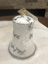 RARE CHRISTOPHER RADKO WHITE & SILVER GLASS HANDPAINTED & GLITTER BELL ORNAMENT picture